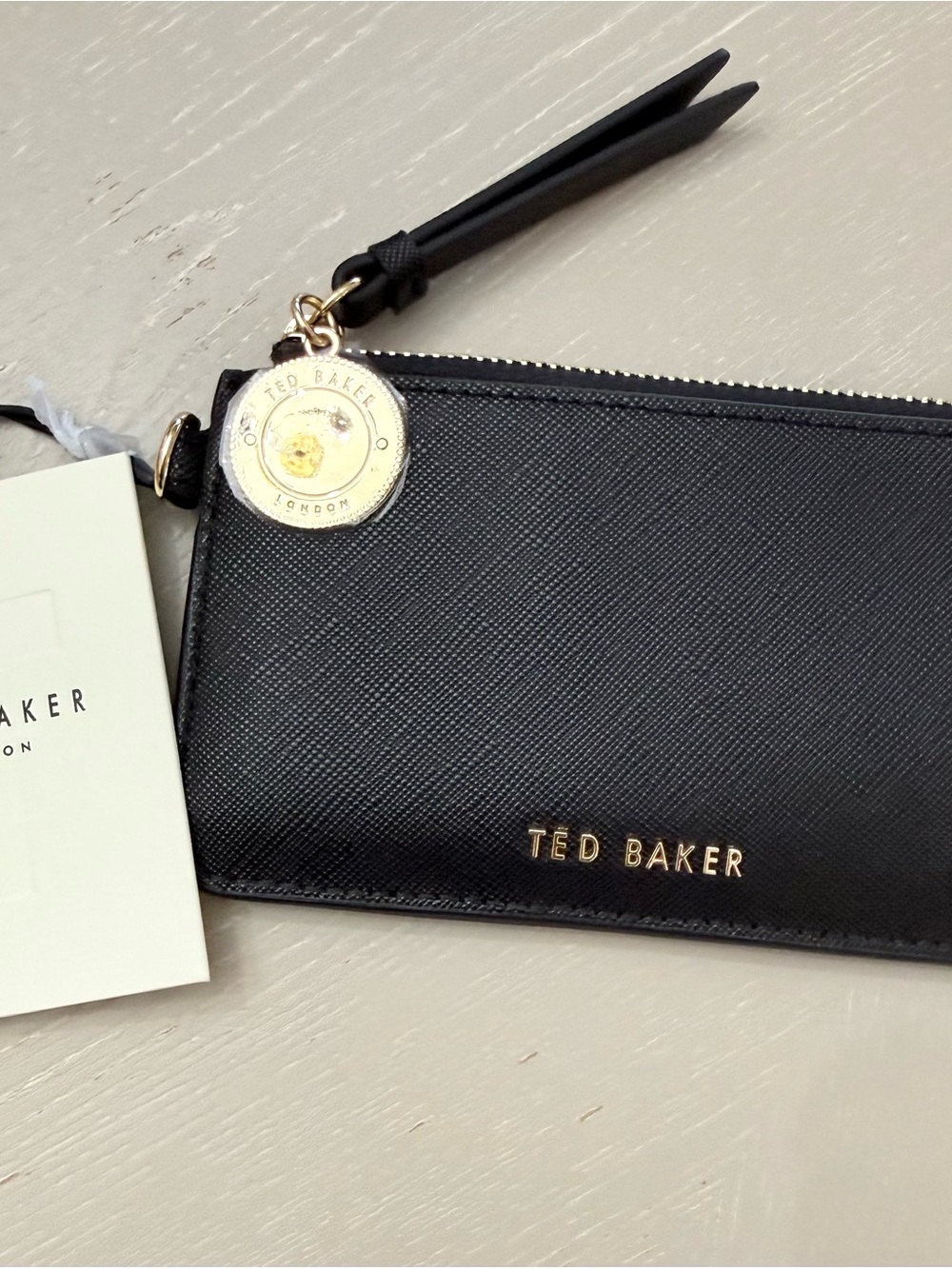 Ted Baker Black Saffiano Leather Zip Cardholder Wristlet with Gold Logo